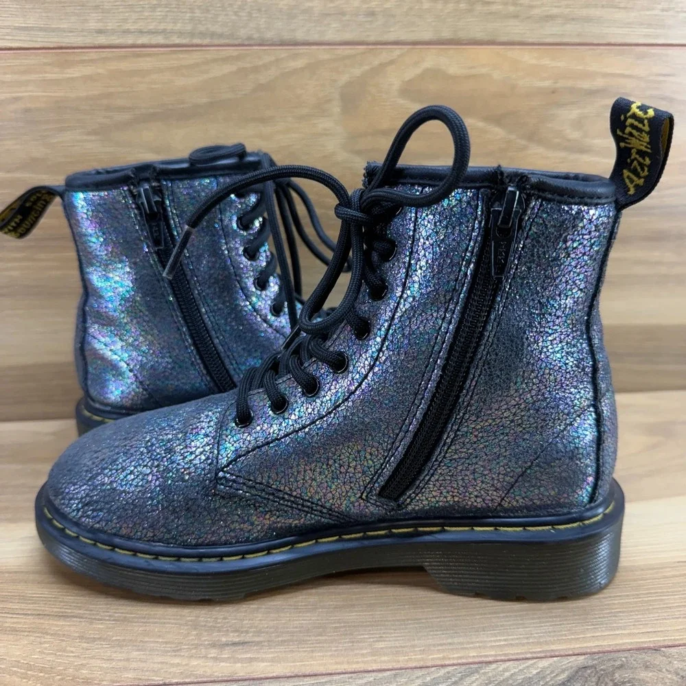 Dr Martens Combat Boots Girls Size 2 Metallic Pewter Leather Lace‎ Up